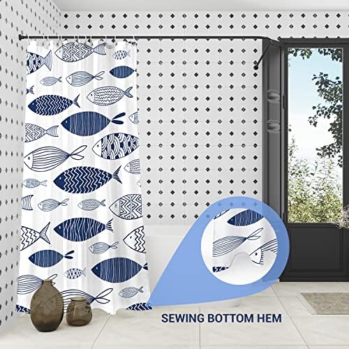 סט וילון מקלחת כחול עמיד עם ווים, מבד פוליאסטר דגים ימי וילונות להדפיס וילונות לחדרי אמבטיה,