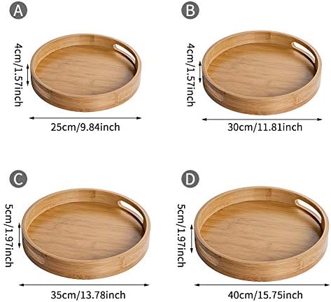 מגש עגול עץ במבוק עם ידיות, שולחן תה ושולחן קפה הגשה דקורטיבית מגש מגש מזון פלטות למגישת משקאות ומזון
