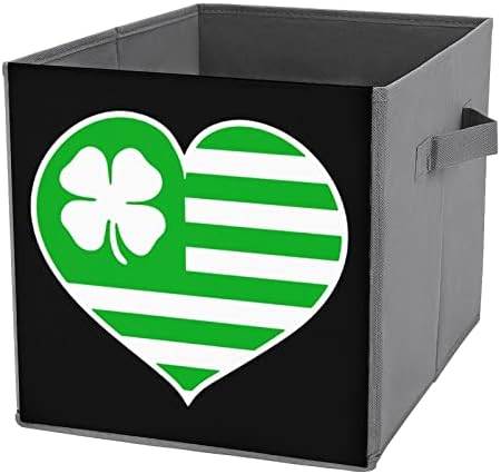 דגל אמריקאי תלתן לב מתקפל בדים קוביות קוביות קופסאות אחסון 11 אינץ 'פחי אחסון מתקפלים עם ידיות