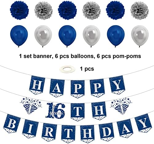 Kauayurk כחול כסף 16th יום הולדת ליום הולדת ערכת קישוטים לבנים, 26 יחידות שישה עשר באנר יום הולדת