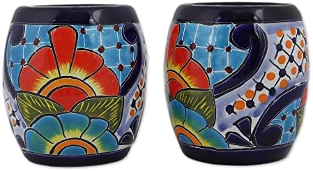 כוסות מיץ קרמיקה של נוביקה גשם פרחים זוגות טלוורה בעבודת יד ממקסיקו 3.9 אינץ 'x 3.8 אינץ'. 11 עוז. כלי שולחן