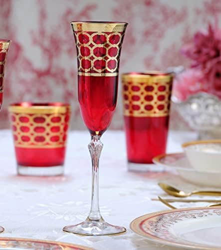 לורן בית מגמות עמוק אדום בצבע שמפניה חלילי עם זהב טבעות, סט של 4