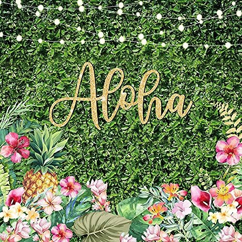רקע מפלגת אלוהה קיץ טרופי לואו צילום רקע עלים ירוקים פרחים עלים דשא פנסי דשא מקלחת לתינוק שולחן ליום הולדת שולחן