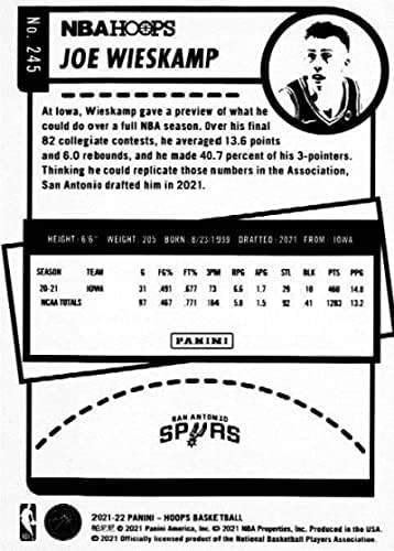 2021-22 Panini Hoops 245 Joe Wieskamp RC טירון סן אנטוניו ספרס NBA כרטיס מסחר בכדורסל