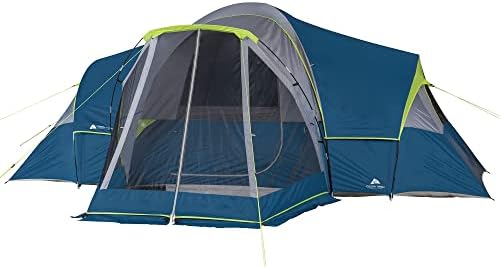 כיפת אוהל אוזארק שביל 10-אדם משפחת קמפינג אוהל עם 3 חדרים ומסך מרפסת, כחול