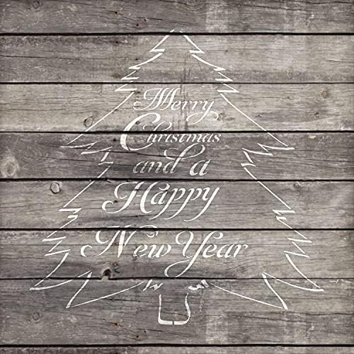חג מולד שמח ושנה טובה - עץ - תסריט - סטנסיל אמנות מילים - 9 איקס 9 - סטקל 2091_1 - מאת סטודיו12