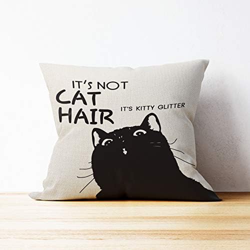Mancheng-Zi זה לא שיער חתול זה קיטי נצנצים לזרוק כרית, כרית חתול מצחיקה, קישוט לחדר ילדים, 18 x 18 אינץ 'חתול שחור
