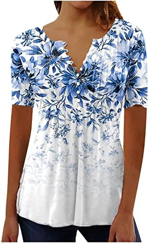 חולצת טי אלגנטית של נשים אלגנטיות V כפתור צוואר חולצות רושות הדפס פרחוני חולצה שרוול קצר 2023 צמרות טוניקה
