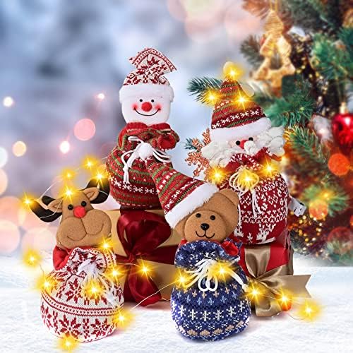 4 יחידות בובת שקיות, שרוך שקיות עם הוביל מחרוזת אורות, שקיות לילדים עם סנטה קלאוס, איש שלג, איילים, דוב
