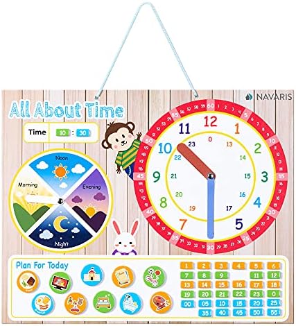 שעון מגנטי של Navaris Kids - לימוד שנים מוקדמות - סיפורי זמן ותרשים חינוכי זמן ליום לילדים - לוח קיר לילדים