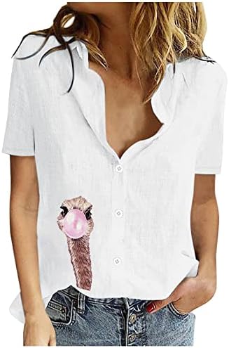 כפתור שרוול קצר של נשים למטה חולצת פשתן כותנה חולצה קיץ רופף צווארון V צווארון V