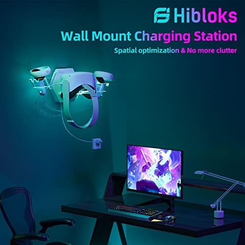 HIBLOKS RGB קיר הרכבה תחנת טעינה עבור Meta/Oculus Quest 2 אביזרים, בקר מגנטי ומטען ראשוני עם 2 סוללות אחידות,