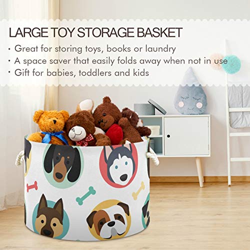 סל אחסון עגול גדול - סל כלב חמוד בד קנבס בד אחסון סל אחסון צעצועים לעיצוב ביתי