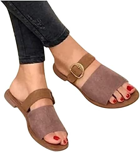 IQKA נשים סנדלי צורה שטוחה צבעים מעורבים רצועת אבזם נעליים שטוחות פתוחות בוהן בוהן בקיץ נעלי