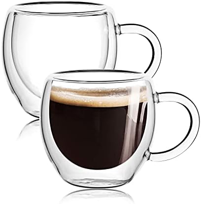 4-מארז 12 אונקיות ספלי קפה מזכוכית עם קירות כפולים עם ידית,כוסות קפה שכבה מבודדת,ספלי זכוכית בורוסיליקט