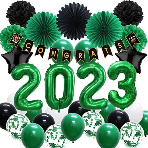 2023 קישוטי מסיבת סיום ירוק של סיום ירוק נייר ירוק ושחור פום פומס 2023 נייר כסף בלונים מזל טוב
