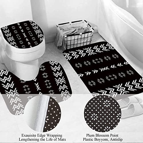 ABBESUN 4 PCS סטים של וילון מקלחת שחור בוהו, וילון מקלחת שחור/לבן מרוקאי עם שטיח מכסה אסלה, מחצלת קווי