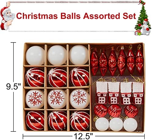 GONFACI 28CT קישוטי כדור חג מולד שונים, קישוטים אדומים ולבנים מסורתיים לעץ חג המולד, קישוטים לעץ חג המולד