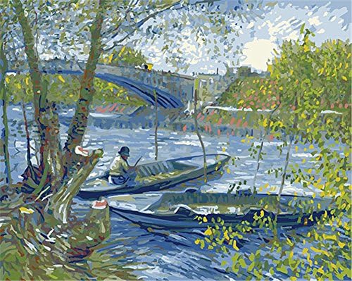 Yeesam art paint לפי מספרים למבוגרים ציורים מפורסמים, דיג באביב מאת ואן גוך 16x20 אינץ 'פשתן בד אקרילי מספר