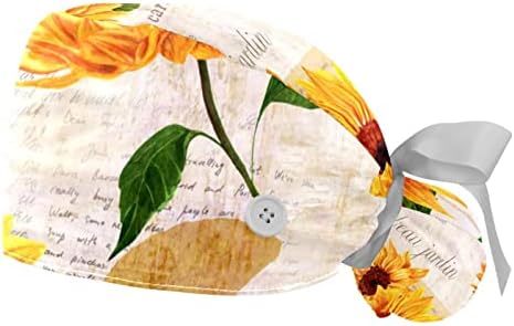 כובעים רפואיים לנשים עם כפתורים שיער ארוך, כובע עבודה מתכוונן 2 חלקים, דפוס פריחת פרחים צהוב חמניות