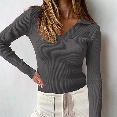 ארוך שרוול חולצות לנשים דש צווארון בסיסי דק מצויד סוודר חולצות מצולעים לסרוג מוצק סוודר מגשר חולצה