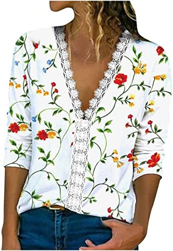 טוניקה חולצות לנשים אופנה בוהו פרחוני חולצות תחרה טלאים עמוק צווארון שרוולים ארוכים סלים מתאים מקרית חולצה