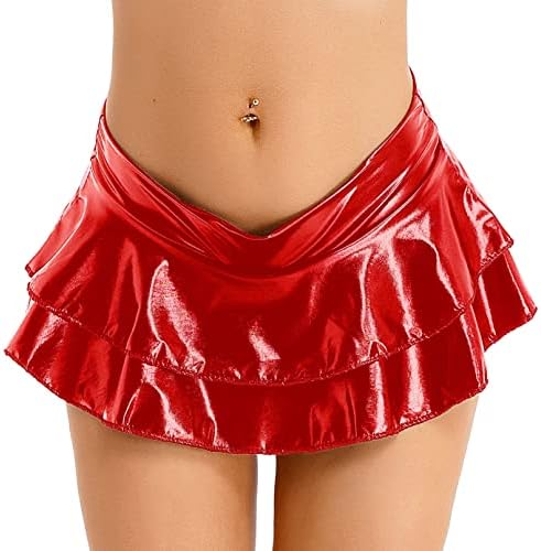 חידוש מוצק של FLDY לנשים מתכת קפלים חצאית מיני שכבה כפולה שכבה טוטו מתלקח שמלות ריקוד אדום C גודל אחד