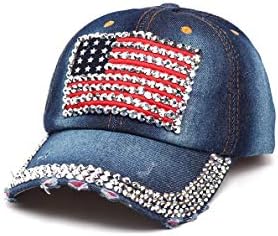 Missfun America Flag Baseball Cap Silver Jewel Bling כובעי מכנסי ג'ינס לשטוף ג'ינס
