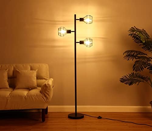 מנורת רצפה לד ברייטק רובין, מנורת עץ תעשייתית לחדרי מגורים ומשרדים, מנורה גבוהה עם 3 ראשי כלובים ונורות