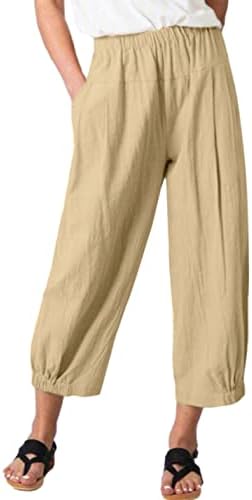 מכנסי קפרי קפרי של בוזני נשים מותניים אלסטיות כותנה פשתן יוגה מכנסיים קצוצים מכנסיים