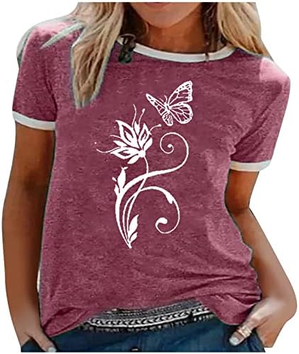חולצות T שרוול קצר של נשים פרפר פרפר פרחוני גרפיקה גרפית קיץ חולצות צווארון אופנה רופפת טוני טוניקה