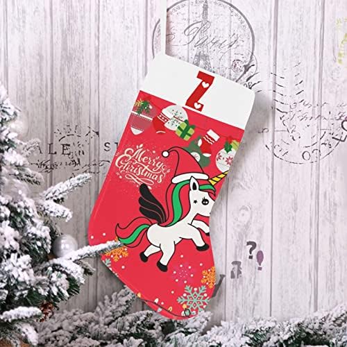גרב חג המולד של סנטה חד קרן עם מכתב Z ולב 18 אינץ 'אדום ולבן גדול