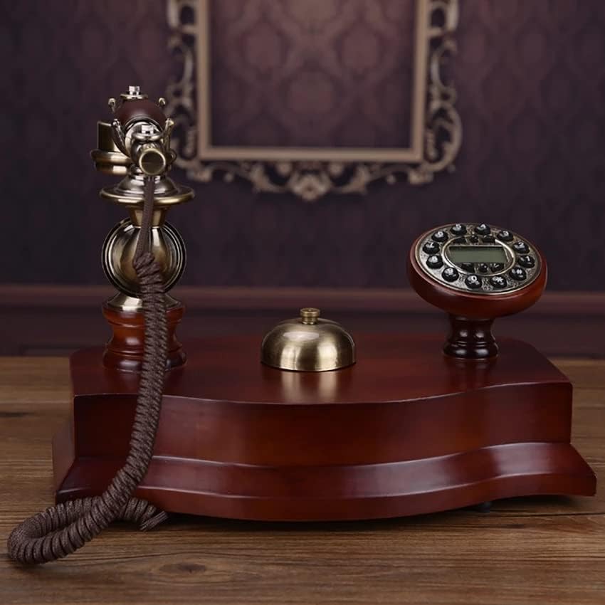 MXiaoxia טלפון עתיק טלפון קווי טלפון מעץ מוצק עם מזהה מתקשר, חיוג כפתורים, ידיים עם תאורה אחורית,
