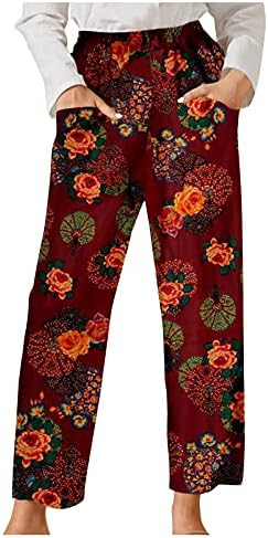 מכנסי רגל רחבים לאתקיה לנשים קיץ פרחים מזדמנים מודפסים כיס רטרו מכנסיים למותניים אלסטיים מכנסיים מכנסיים