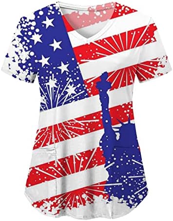 חולצה 4 ביולי לנשים דגל אמריקאי דגל אמריקאי שרוול קצר חולצה עם צווארון V עם 2 כיסים לבגדי עבודה מזדמנים