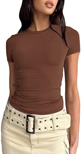 SAFRISIOR נשים יבול מוצק בסיסי חולצות טייז עגול צוואר עגול צורה שרוול קצר מתאים אימון טיול