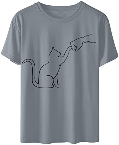 צמרות נשים קיץ 2022 מרווח - חולצות קיץ נשים צוואר רופף עגול הדפס חתול חמוד חולצת טריקו שרוול קצר