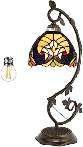 מנורה של טיפאני מנורה צהובה קישור צהוב ויטראז 'מנורה שולחן מנורה שולחן קריאה אור, בסיס עלה מתכת 8x10x21