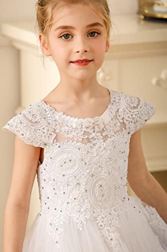 חתונה חרוזים תחרה אפליקציות פרח ילדה שמלת ראשית הקודש כדור שמלת ילדים תחרות שמלות נשף