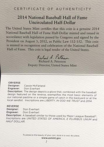 2014 D היכל התהילה של בייסבול מגיע בתיבת מנטה מקורית של ארהב חצי דולר חצי דולר מבריק ללא סירוג