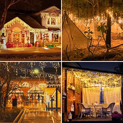 Andreem 600 LED 49 רגל אורות קרח לחג המולד חיצוניים, צבע לבן -צבעים חמים משתנים וילון פיות אורות מיתרים חכמים