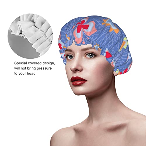 נשים לשימוש חוזר למתיחה שולי שיער כובע יופי פרחי פרפר כחול שכבות כפולות כפפות אטומות למקלחת כובע אמבטיה