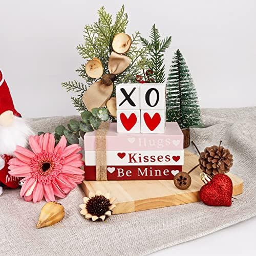 חג האהבה דקור, עץ סימן ספר מחסנית עם 4 נשיקות וחיבוקים סימנים, האהבה קישוט ערכת שכבות מגש, שולחן קפה, מעטפת