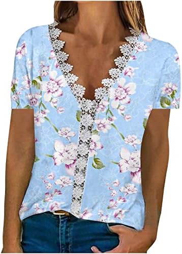 אופנת נשים אביב קיץ קיץ מודפס שרוולים קצרים עם חולצה תחרה חולצה V-צווארון חולצה מזדמנים