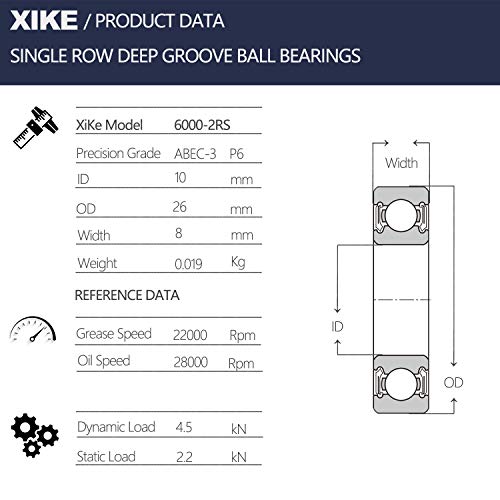 XIKE 4 PCS 6000-2RS מיסבי חותם גומי כפול 10x26x8 ממ, ביצועים משומנים ויציבים מראש ומסבי כדור חריץ עמוקים.