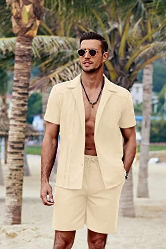 קואופנדי פשתן קובעים 2 חלקים תלבושות קיץ כפתור שרוול קצר חולצה ומכנסיים קצרים הגדר תלבושות חופשה בחוף
