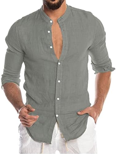 חולצות פשתן כותנה של ZDDO לגברים, סתיו בקיץ סתיו ארוך שרוול קל משקל מטה בחולצה מזדמנת ללא צווארון