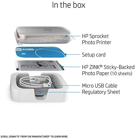מדפסת תמונות ניידת של HP Sprocket, X7N07A, הדפס תמונות מדיה חברתית על נייר 2x3 מגובה דביק - לבן
