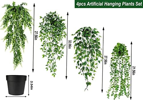 4 PCS צמחים תלויים מזויפים, צמחים מזויפים צמחים מלאכותיים עציצים צמחי דמוי פו פו פו תלייה קיסוס קיסוס