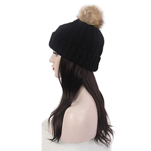 אופנה ליידי שיער כובע שחור סרוג כובע פאה ארוך ישר שחור פאה כובע אופנתי אישיות